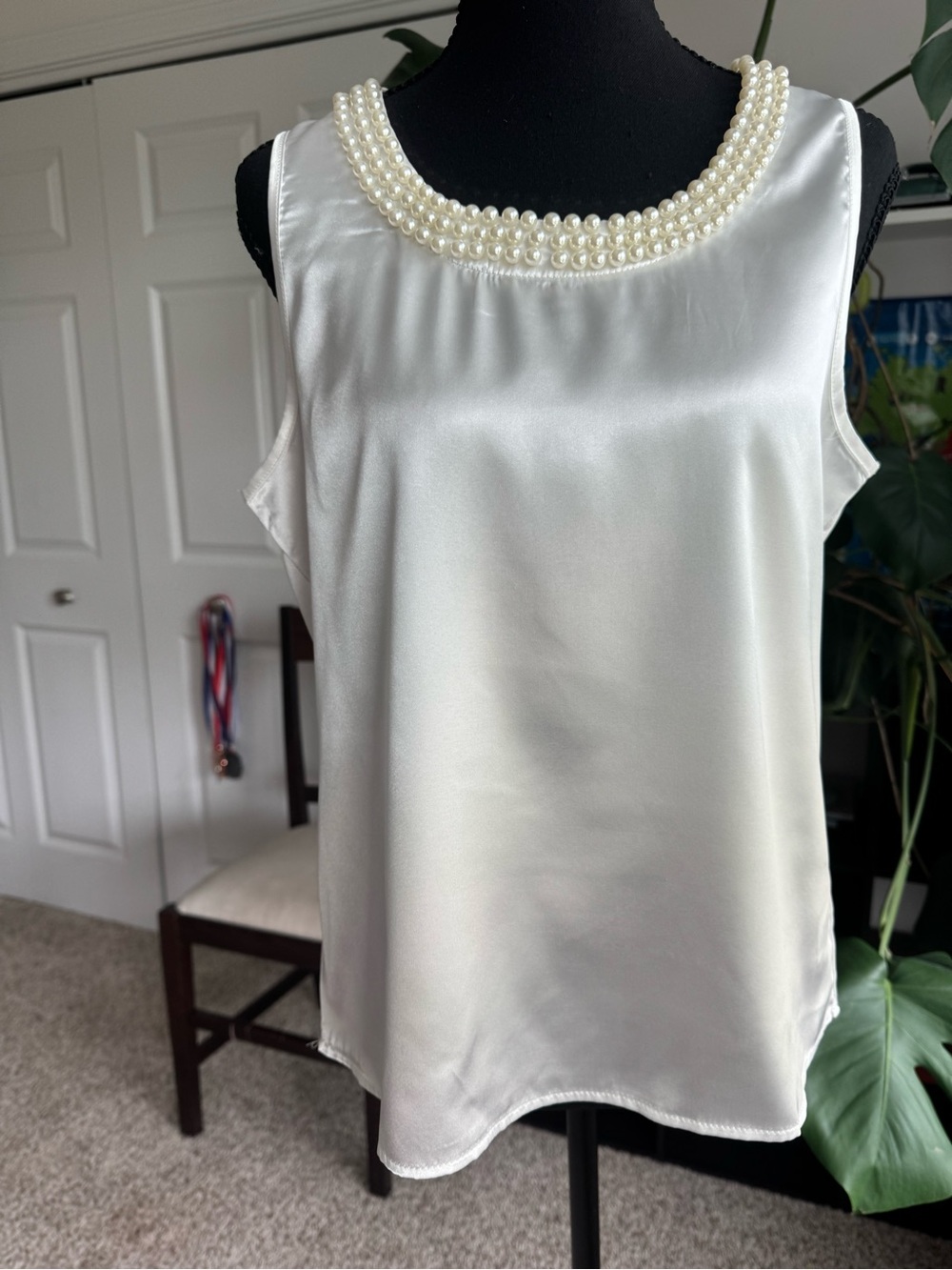 Elegant White Satin Camisole with Faux Pearl